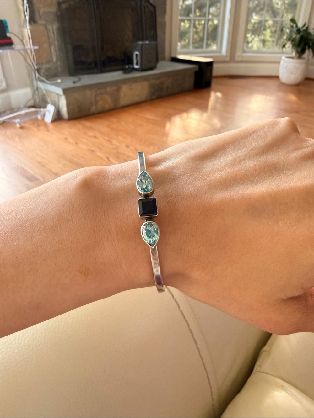 Sterling Silver Blue Topaz and Sapphire Cuff Bracelet - Picture 3 of 6